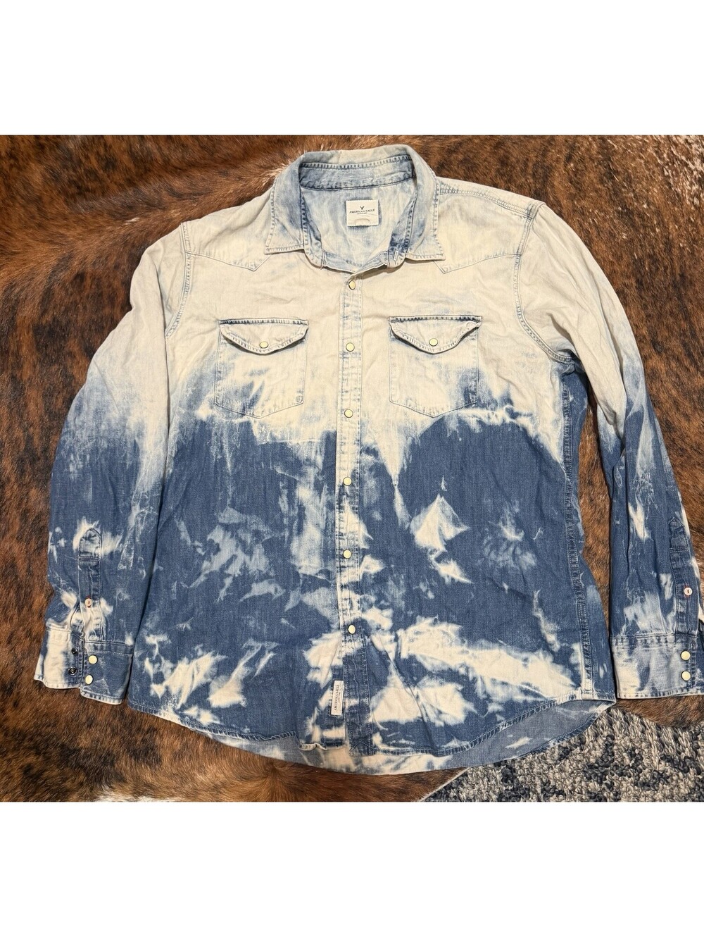 American Eagle Slim Fit Button Shirt Mens XXL Denim Pearl Snap Dip Dye Acid Wash